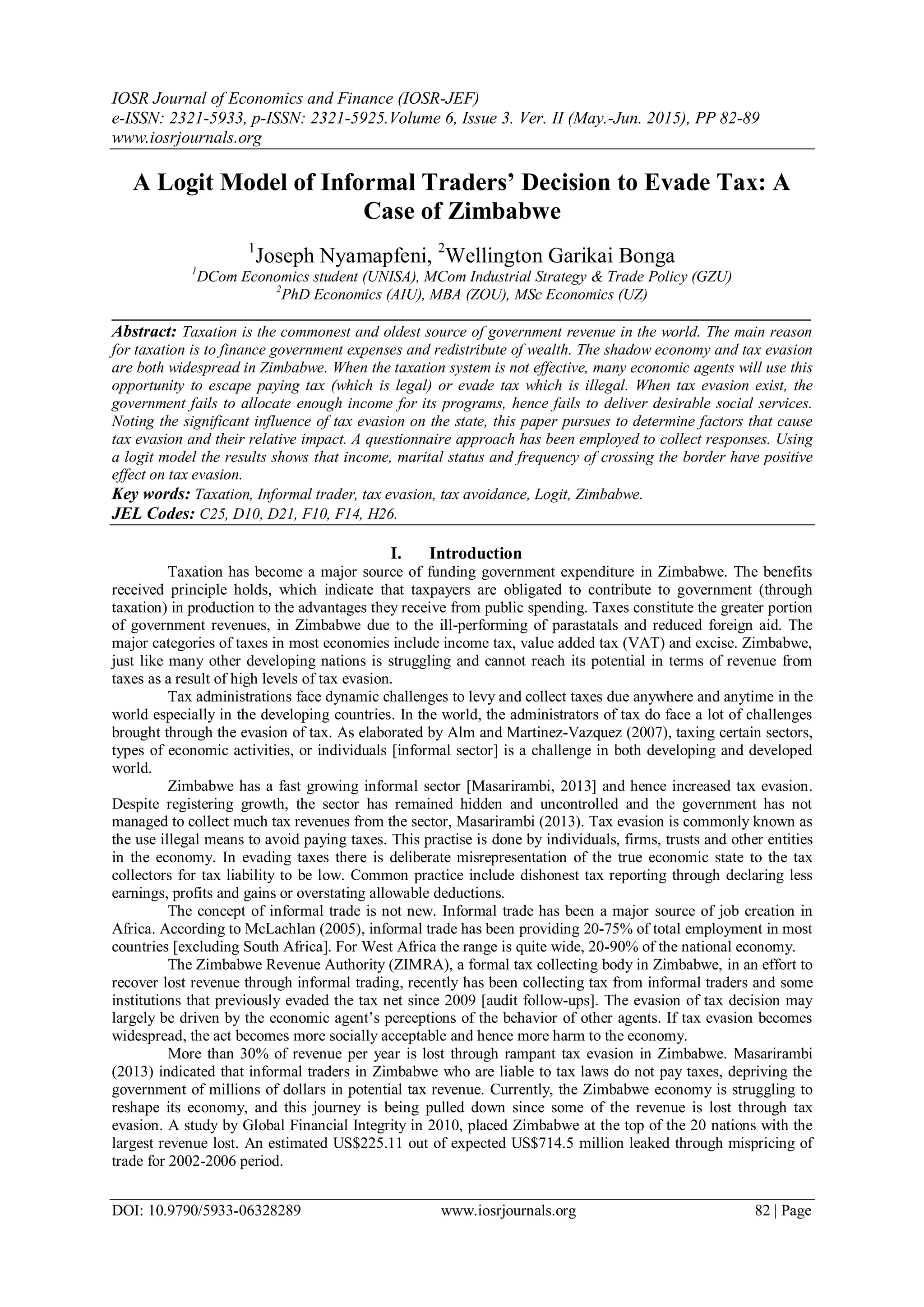 A Logit Model of Informal Traders’ Decision to Evade Tax A Case of