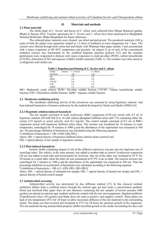 Membrane stabilizing and antimicrobial activities of Caladium bicolor and Chenopodium album
www.iosrjournals.org 63 | Page
II. Materials and methods
2.1 Plant materials
The whole plant of C. bicolor and leaves of C. album were collected from Mirpur Botanical garden,
Dhaka in January 2012. Voucher specimens for C. bicolor and C. album have been maintained in Bangladesh
National Herbarium, Dhaka Bangladesh for future references.
The collected plant materials were cleaned, sun dried and pulverized. The powdered materials (650 g
each) of both the plants were separately soaked in 1.5 liters of methanol at room temperature for 7 days. The
extracts were filtered through fresh cotton bed and finally with Whatman filter paper number 1 and concentrated
with a rotary evaporator at 40°-45ºC temperature and pressure. An aliquot (5 g) of each of the concentrated
methanol extracts was fractionated by the modified Kupchan partition protocol [15] and the resultant
partitionates were evaporated to dryness with rotary evaporator to yield pet-ether (PESF), carbon tetrachloride
(CTCSF), chloroform (CSF) and aqueous (AQSF) soluble materials (Table 1). The residues were then stored in
a refrigerator until further use.
Table 1. Kupchan partitioning of C. bicolor and C. album
Crude extract/
Fractions
C. bicolor
(g)
C. album
(g)
Me 5.0 5.0
PESF 1.0 1.0
CTCSF 0.8 1.8
CSF 1.2 1.0
AQSF 1.5 0.5
ME= Methanolic crude extract; PESF= Pet-ether soluble fraction; CTCSF= Carbon tetrachloride soluble
fraction; CSF= Chloroform soluble fraction; AQSF= Aqueous soluble fraction.
2.2 Membrane stabilizing activity
The membrane stabilizing activity of the extractives was assessed by using hypotonic solution- and
heat-induced haemolysis of human erythrocyte by the method developed by Omale and Okafor (2008) [16].
2.2.1 Hypotonic solution-induced haemolysis
The test sample consisted of stock erythrocyte (RBC) suspension (0.50 ml) mixed with 4.5 ml of
hypotonic solution (50 mM NaCl) in 10 mM sodium phosphate buffered saline (pH 7.4) containing either the
extract (2.0 mg/ml) or acetyl salicylic acid (0.1 mg/ml). The control sample consisted of 0.5 ml of RBCs
suspension mixed with hypotonic buffered saline alone. The mixture was incubated for 10 minutes at room
temperature, centrifuged for 10 minutes at 3000 g and the absorbance of the supernatant was measured at 540
nm. The percentage inhibition of haemolysis was calculated using the following equation-
% Inhibition of haemolysis = 100 x (OD1-OD2/OD1),
where, OD1 = optical density of hypotonic buffered saline solution alone (control) and
OD2 = optical density of test sample in hypotonic solution.
2.2.2 Heat induced haemolysis
Isotonic buffer containing aliquot (5 ml) of the different extractives was put into two duplicate sets of
centrifuge tubes. The vehicle, in the same amount, was added to another tube as control. Erythrocyte suspension
(30 μl) was added to each tube and mixed gently by inversion. One set of the tubes was incubated at 54 ºC for
20 minute in a water bath, while the other set was maintained at 0º-5ºC in an ice bath. The reaction mixture was
centrifuged for 3 minutes at 1300 g and the absorbance of the supernatant was measured at 540 nm. Then the
percentage inhibition or acceleration of haemolysis was calculated according to the following equation:
% Inhibition of haemolysis = 100 x [1- (OD2-OD1/ OD3-OD1)]
where, OD1 = optical density of unheated test sample, OD2 = optical density of heated test sample and OD3 =
optical density of heated control sample
2.3 Antimicrobial screening
Antimicrobial activity was determined by disc diffusion method [17]. In this classical method,
antibiotics diffuse from a confined source through the nutrient agar gel and create a concentration gradient.
Dried and sterilized filter paper discs (6 mm diameter) containing the test samples of known amounts (400
μg/disc) are placed on nutrient agar medium uniformly seeded with the test microorganisms. Standard antibiotic
(Ciprofloxacin) discs (30 μg/disc) and blank discs are used as positive and negative control. These plates are
kept at low temperature (4°C) for 24 hours to allow maximum diffusion of the test materials to the surrounding
media. The plates are then inverted and incubated at 37°C for 24 hours for optimum growth of the organisms.
The test materials having antimicrobial property inhibit microbial growth in the media surrounding the discs and
 