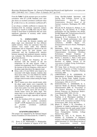 Bouraima Mouhamed Bayane. Int. Journal of Engineering Research and Application www.ijera.com
ISSN: 2248-9622, Vol. 7, Issue 1, (Part -5) January 2017, pp.53-63
www.ijera.com 62 | P a g e
From the Table 3, all the mixtures gave an excellent
correlation when Standard error ratio
also shows an excellent correlation coefficient when
Even so, the correlation coefficient
is not always a reliable coefficient to measure the
Goodness-of-fit for nonlinear regression analysis
according to Yusoff et al [14]; there may be either
overall or local biases in predictions that can cause
significant reductions in accuracy under certain
conditions [15].
V. CONCLUSION
In this study the dynamic modulus and
phase angle were determined for four different
asphalt mixtures. Thirty two specimens from four
mixtures were tested under four different
temperatures and six frequencies. Based on the test
data, master curves for each mixture were
constructed, and the Goodness-of-fit statistics
between measured and predicted dynamic modulus
was evaluated. The following conclusions can be
drawn from the tests.
 Under a constant test frequency, the E*
decreases with the increase of the test
temperature for the same mixture. Under a
constant test temperature, the E* increases with
the increase of the test frequency, while most of
the phase angle data shows the opposite trend.
 Mixes with a 19 mm NMAS were found to be
associated with higher dynamic modulus than
those mixes with a 13.2 mm NMAS for JAPAN
asphalt mixture. This trend is because of the
stronger stone-to-stone contact among the larger
aggregates.
 The E* master curve show smooth trends, while
the phase angle master curve (especially the
data obtained at high test temperatures) shows
much more scatter. Use of the same shift factors
as for the E* master curves did not result in
smooth master curves for phase angle. This
means that it is very difficult to obtain accurate
test data for phase angle, especially at high test
temperatures.
 From the Goodness-of-fit test analysis, all the
mixtures gave an excellent correlation
when . Standard error ratio also shows
an excellent correlation coefficient
when .
ACKNOWLEDGEMENT
This project was supported by the National Natural
Science Foundation of China (Grant No. 51308477).
REFERENCES
[1]. Rowe, G, M., Hakimzadeh, S., Blankenship,
P., et al. Evaluation of Aspects of E* Test
Using Hot-Mix-Asphalt Specimens with
Varying Void Contents. Journal of the
Transportation Research Board,
Transportation Research Board of the
National Academics, Washington, DC, 2009,
164-172.
[2]. Witczak, M, W., Kaloush, K., Pellinen, T., El-
Basyouny, M., and Quintus, H, V. Simple
performance test fog superpave mix design,
NCHRP Report 465, Transportation Research
Board. Washington, D.C, 2002.
[3]. Bonaquist, R, F., Christensen, D, W., and
Stump, W. Simple performance tester for
superpave mix design development and
evaluations, NCHRP Report 513,
Transportation Research Board, Washington,
D.C, 2003.
[4]. Marasteanu, M.O., & Anderson, D.A.
Improved Model for Bitumen Rheological
Characterization. Eurobitume Workshop-
Performance Related Properties of
Bituminous Binders, Luxembourg, May 1999.
[5]. Stastna, J., Zanzotto, L., Berti, J. How good
are some rheological models of dynamics
functions of asphalt. Journal of the
Association of Asphalt Paving Technologists,
1997, 66 (5): 458-485.
[6]. WU Gang. Study on Structure and Dynamic
Viscoelastic Properties of Filled Conductive
Polymers, PhD Thesis. Hangzhou: Zhejiang
University, 2004.
[7]. CHRSTENSEN D W, ANDERSON D
Interpretation of Dynamic Mechanical Test
Data for Paving Grade Asphalt Cements.
Journal of the Association of Asphalt Paving
Technologists, 1992, 61: 67-112.
[8]. MARASTEANU, 0., ANDERSON, D, A.
Improved Model for Bitumen Rheological
Characterization EBW. In: Proceedings of
Euro bitumen Workshop on Performance
Related Properties for Bituminous Binders.
Luxembourg: EBW, 1999, 133-134.
[9]. Zeng Meng-lan, Bahia Hussain U, Zhai
Huachun, et al. Rheological modeling of
modified asphalt binders and mixtures.
Journal of the Association of Asphalt Paving
Technologists, 2001, 70 (6): 403-435.
[10]. Bhasin A., Button, J. W., Chowdhury, A.
Evaluation of simple performance tests on
HMA mixtures from the south central United
States. Report no. FHWA/TX-03/9-558-1.
Texas Transportation Institute, College
Station, Texas, 2004.
[11]. Sabahfar N., Aziz, S, R., Hossain, M.,
Schieber, G. Evaluation of Superpave
mixtures with high percentages of reclaimed
asphalt pavement. In: 93rd Annual meeting of
the transportation research board,
 