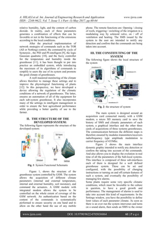 A. HILALI.et.al. Int. Journal of Engineering Research and Application www.ijera.com
ISSN : 2248-9622, Vol. 7, Issue 5, ( Part -3) May 2017, pp.60-64
www.ijera.com DOI: 10.9790/9622-0705036064 61 | P a g e
relative humidity, light, and the content of carbon
dioxide. In reality, each of these parameters
generates a combination of effects that can be
favorable or not in the functioning of the emissions
according to the local conditions.
After the practical implementation of
network strategies of commands such as the TOR
(All or Nothing) control, the command by cycle of
hysteresis , the PID and PI-intelligent [9], the logic
Gaussian quadratic [10], and the fuzzy controller
for the temperature and humidity inside the
greenhouse [11], it has been thought to put into
practice an embedded system, while introducing
the maximum of its algorithms of commands to
simplify to users the use of its system and promote
the good climate of greenhouses.
A well mastered monitoring of the climate
allows therefore to manage these settings and to
improve the physiological functioning of plants
[12]. In this perspective, we have developed a
device allowing the regulation of the climatic
conditions of a network of greenhouses. The latter,
ensures an automation of all of the equipment for
each sub-system greenhouse. It also incorporates
many of the settings in intelligent management in
order to ensure the best agricultural performance
while providing a better quality of use to the
farmer.
II. THE STRUCTURE OF THE
DEVELOPED SYSTEM:
The following figure represents the structure of the
developed system:
Fig. 1: System Functional Schematic
Figure 1, shows the structure of the
greenhouse system controlled by GSM. The system
allows the acquisition of different climate
parameters (internal and external temperature,
internal and external humidity, soil moisture), and
command the actuators. A GSM module with
integrated modem allows the system to be
controlled on the whole extent of coverage of the
GSM network. An authentication based on the
content of the commands is systematically
performed to ensure security on one hand and to
allow on the other hand the use of any mobile
phone. The remote functions are: Opening / closing
of roofs, triggering / switching of the irrigation in a
modulating way by solenoid valve, on / off of
ventilation and heating. The SMS issued by the
system to the user are intended to notify any
detection and confirm that the commands are being
taken into account.
III. THE CONSTITUTING OF THE
SYSTEM
The following figure shows the local structure of
the system
Fig. 2: the structure of system
The main system is designed around an
acquisition card connected mainly with a GSM
modem, a micro SD memory card to save the
history of SMS and climatic parameters of each
system, a graphical interface and the other three
cards of acquisitions of three systems greenhouses.
The communication between the different maps is
therefore ensured by modules transmitters/receivers
radiofrequency type amplitude modulation to
carrier frequency of 433Mhz.
Figure 3 shows the main interface
dynamic graphic intended to notify any detection or
confirm the taking into account of the commands.
And also allows you to display the evolution in real
time of all the parameters of the Sub-local systems.
This interface is composed of three sub-interfaces
each of them is designed for a well defined
greenhouse system. These can be set and
configured, with the possibility of changing
instructions or turning on and off certain features of
such a system, and eventually the possibility of
managing few alarms.
Some plants require some very specific climatic
conditions, which must be favorable to the culture
in question, to have a good growth and
performance. The management of alarms is used to
take into account this kind of requirements. In the
Settings window, you have the possibility to define
limit values of each parameter climate. As soon as
there is an over run the system intervenes and turns
on a sound alarm, then sends an SMS to the owner
 