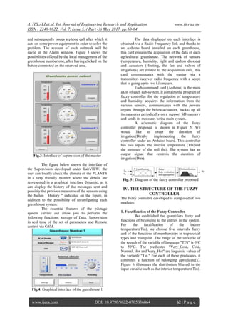 A. HILALI.et.al. Int. Journal of Engineering Research and Application www.ijera.com
ISSN : 2248-9622, Vol. 7, Issue 5, ( Part -3) May 2017, pp.60-64
www.ijera.com DOI: 10.9790/9622-0705036064 62 | P a g e
and subsequently issues a phone call after which it
acts on some power equipment in order to solve the
problem. The account of each outbreak will be
saved in the Alarm window. Figure 3 shows the
possibilities offered by the local management of the
greenhouse number one, after having clicked on the
button connected on the reserved area.
Fig.3: Interface of supervision of the master
The figure below shows the interface of
the Supervision developed under LabVIEW, the
user can locally check the climate of the PLANTS
in a very friendly manner where the details are
represented in a graphical interface dynamic, as it
can display the history of the messages sent and
possibly the previous measures of the sensors using
the button ' History '' indicated on the figure, in
addition to the possibility of reconfiguring each
greenhouse system.
The essential features of the pilotage
system carried out allow you to perform the
following functions: storage of Data, Supervision
in real time of the set of parameters and Remote
control via GSM.
Fig.4: Graphical interface of the greenhouse 1
The data displayed on each interface is
obtained via a Radio Frequency link and thanks to
an Arduino board installed on each greenhouse,
this card ensures the acquisition of the data of each
agricultural greenhouse. The network of sensors
(temperature, humidity, light and carbon dioxide)
and actuators (Heating, the fan and valves of
irrigations) are related to the acquisition card, this
card communicates with the master via a
transmitter- receiver radio frequency with a scope
that is going up to two kilometers.
Each command card (Arduino) is the main
axon of each sub-system. It contains the program of
fuzzy controller for the regulation of temperature
and humidity, acquires the information from the
various sensors, communicates with the powers
organs through the below-actuators, backs- up all
its measures periodically on a support SD memory
and sends its measures to the main system.
A schematic diagram of the fuzzy
controller proposed is shown in Figure 5. We
would like to order the duration of
irrigation(Dirr)by implementing the fuzzy
controller under an Arduino board. This controller
has two inputs, the interior temperature (TIn)and
the moisture of the soil (hs). The system has an
output signal that controls the duration of
irrigation(Dirr).
Fig. 5 : Diagram of the fuzzy controller proposed
IV. THE STRUCTURE OF THE FUZZY
CONTROLLER
The fuzzy controller developed is composed of two
modules:
1. Fuzzification of the Fuzzy Controller
We established the quantifiers fuzzy and
functions of belonging to the entries in the system.
For the fuzzification of the indoor
temperature(Tin), we choose five intervals fuzzy
and of the functions of memberships in trapezoidal
types and triangular. The range of the universe of
the speech of the variable of language "TIN" is 0°C
to 50°C. The predicates "Very_Cold, Cold,
Normal, Hot and Very_Hot" are linguistic values of
the variable "Tin." For each of these predicates, it
combines a function of belonging μpredicate(x).
Figure 6 illustrates the distribution blurred in the
input variable such as the interior temperature(Tin).
 