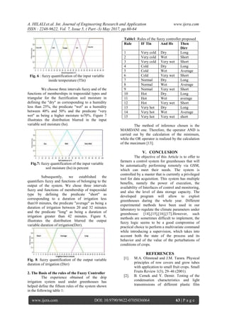 A. HILALI.et.al. Int. Journal of Engineering Research and Application www.ijera.com
ISSN : 2248-9622, Vol. 7, Issue 5, ( Part -3) May 2017, pp.60-64
www.ijera.com DOI: 10.9790/9622-0705036064 63 | P a g e
Fig. 6 : fuzzy quantification of the input variable
inside temperature (TIn)
We choose three intervals fuzzy and of the
functions of memberships in trapezoidal types and
triangular for the fuzzification soil moisture in
defining the "dry" as corresponding to a humidity
less than 25%, the predicate "wet" as a humidity
between 40% and 50% and the predicate "very
wet" as being a higher moisture to70%. Figure 7
illustrates the distribution blurred in the input
variable soil moisture (hs).
Fig.7: fuzzy quantification of the input variable
soil moisture (hs) in percent
Subsequently, we established the
quantifiers fuzzy and functions of belonging to the
output of the system. We chose three intervals
fuzzy and functions of membership of trapezoidal
type by defining the predicate "short" as
corresponding to a duration of irrigation less
than10 minutes, the predicate "average" as being a
duration of irrigation between 20 and 32 minutes
and the predicate "long" as being a duration of
irrigation greater than 42 minutes. Figure 8,
illustrates the distribution blurred the output
variable duration of irrigation(Dirr).
Fig. 8: fuzzy quantification of the output variable
duration of irrigation (Dirr)
2. The Basis of the rules of the Fuzzy Controller
The experience obtained of the drip
irrigation system used under greenhouses has
helped define the fifteen rules of the system shown
in the following table 1:
Table1: Rules of the fuzzy controller proposed
Rule IF Tin And Hs Then
Dirr
1 Very cold Dry Long
2 Very cold Wet Short
3 Very cold Very wet Short
4 Cold Dry Long
5 Cold Wet Average
6 Cold Very wet Short
7 Normal Dry Long
8 Normal Wet Average
9 Normal Very wet Short
10 Hot Dry Long
11 Hot Wet average
12 Hot Very wet Short
13 Very hot Dry Long
14 Very hot Wet Average
15 Very hot Very wet short
The method of inference chosen is the
MAMDANI one. Therefore, the operator AND is
carried out by the calculation of the minimum,
while the OR operator is realized by the calculation
of the maximum [13].
V. CONCLUSION
The objective of this Article is to offer to
farmers a control system for greenhouses that will
be automatically performing remotely via GSM,
which can meet their needs. The system is
controlled by a master that is currently a privileged
tool for data acquisition. This system has multiple
benefits, namely the power of execution, the
availability of Interfaces of control and monitoring,
and also the level of data storage capacity. The
developed program will allow to exploit
greenhouses during the whole year. Different
experimental methods have been used in our
laboratory to regulate the climate parameters under
greenhouse: [14],[15],[16],[17].However, such
methods are sometimes difficult to implement, the
fuzzy logic seems to be a good compromise of
practical choice to perform a multivariate command
while introducing a supervision, which takes into
account both the state of the process and its
behavior and of the value of the perturbations of
conditions of crops.
REFERENCES
[1]. M.A. Olmstead and J.M. Tarara. Physical
principles of row covers and grow tubes
with application to small fruit crops. Small
Fruits Review 1(3), 29–46 (2001).
[2]. B. Cemek and Y. Demir. Testing of the
condensation characteristics and light
transmissions of different plastic film
 