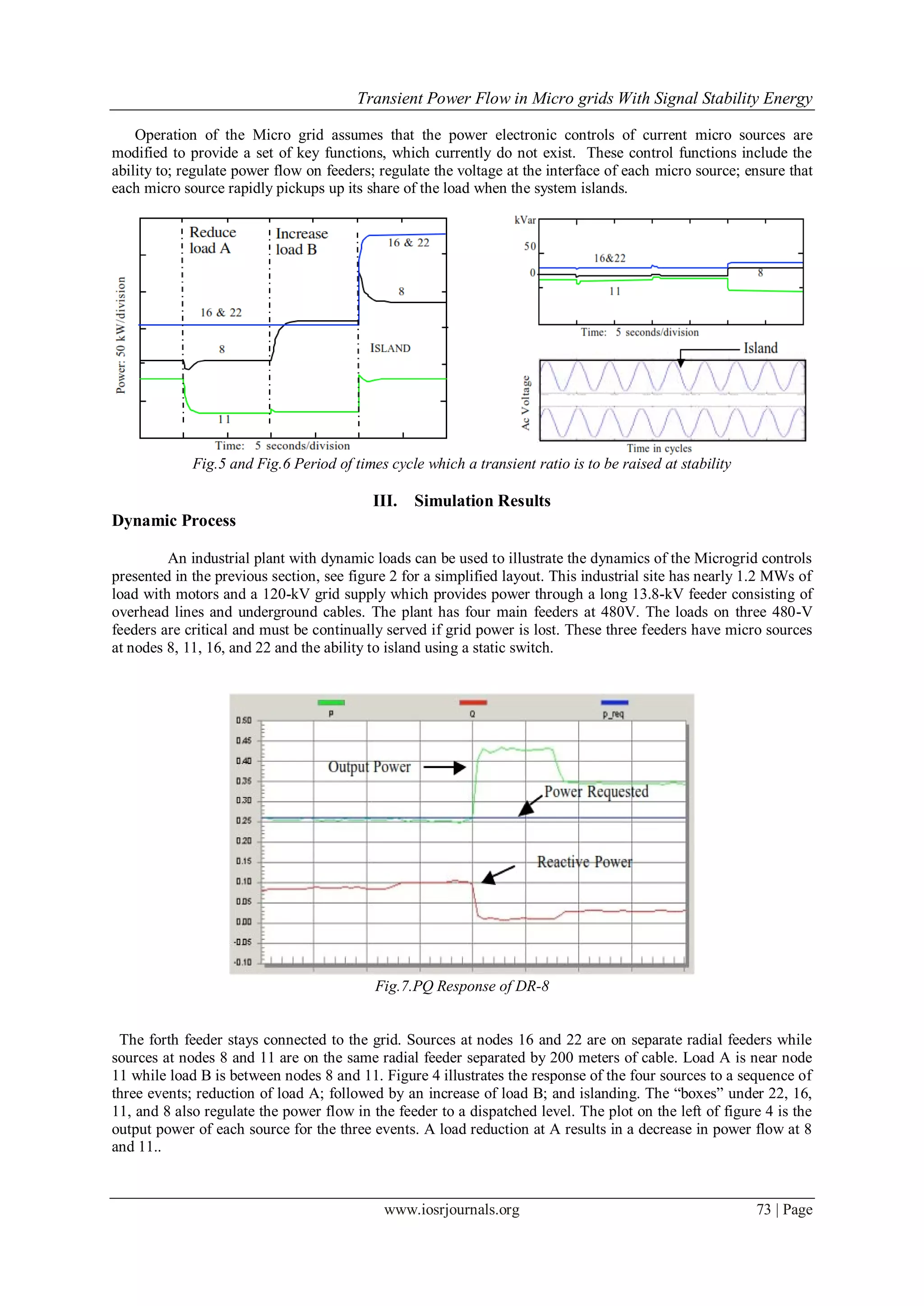 Transient Power Flow in Micro grids With Signal Stability Energy
www.iosrjournals.org 73 | Page
Operation of the Micro grid assumes that the power electronic controls of current micro sources are
modified to provide a set of key functions, which currently do not exist. These control functions include the
ability to; regulate power flow on feeders; regulate the voltage at the interface of each micro source; ensure that
each micro source rapidly pickups up its share of the load when the system islands.
Fig.5 and Fig.6 Period of times cycle which a transient ratio is to be raised at stability
III. Simulation Results
Dynamic Process
An industrial plant with dynamic loads can be used to illustrate the dynamics of the Microgrid controls
presented in the previous section, see figure 2 for a simplified layout. This industrial site has nearly 1.2 MWs of
load with motors and a 120-kV grid supply which provides power through a long 13.8-kV feeder consisting of
overhead lines and underground cables. The plant has four main feeders at 480V. The loads on three 480-V
feeders are critical and must be continually served if grid power is lost. These three feeders have micro sources
at nodes 8, 11, 16, and 22 and the ability to island using a static switch.
Fig.7.PQ Response of DR-8
The forth feeder stays connected to the grid. Sources at nodes 16 and 22 are on separate radial feeders while
sources at nodes 8 and 11 are on the same radial feeder separated by 200 meters of cable. Load A is near node
11 while load B is between nodes 8 and 11. Figure 4 illustrates the response of the four sources to a sequence of
three events; reduction of load A; followed by an increase of load B; and islanding. The “boxes” under 22, 16,
11, and 8 also regulate the power flow in the feeder to a dispatched level. The plot on the left of figure 4 is the
output power of each source for the three events. A load reduction at A results in a decrease in power flow at 8
and 11..
 