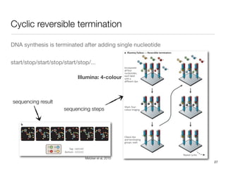 Cyclic reversible termination

DNA synthesis is terminated after adding single nucleotide


start/stop/start/stop/start/stop/...

                            Illumina: 4-colour



sequencing result
                      sequencing steps




                               Metzker et al, 2010
                                                             27
 