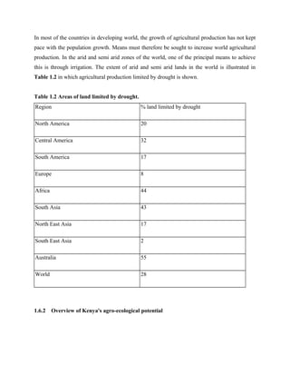 In most of the countries in developing world, the growth of agricultural production has not kept
pace with the population growth. Means must therefore be sought to increase world agricultural
production. In the arid and semi arid zones of the world, one of the principal means to achieve
this is through irrigation. The extent of arid and semi arid lands in the world is illustrated in
Table 1.2 in which agricultural production limited by drought is shown.
Table 1.2 Areas of land limited by drought.
Region % land limited by drought
North America 20
Central America 32
South America 17
Europe 8
Africa 44
South Asia 43
North East Asia 17
South East Asia 2
Australia 55
World 28
1.6.2 Overview of Kenya's agro-ecological potential
 