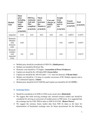 5
 Module price should be considered at USD 0.56. (Jindal power).
 Module cost should be $0.64 per Wp.
 Domestic costs should be 17% higher. (Association of Power Producers)
 Capital cost should be Rs. 650 lakhs/MW (Green Infra)
 Capital cost should be Rs. 685.69 Lakhs + 1 Cr. more for domestic (Vikram Solar)
 Module cost should be 1.16 times to consider conversion of DC Module capacity end to
AC Contracted Capacity. (Adani)
 Module price should be 0.619 USD/Wp and Capital cost should be 691.09 (NTPC)
B. Exchange Rates
 Should be considered as 62 (INR to USD) as per recent rates. (Rudraksh)
 We suggest that while arriving exchange rate, forward currency market rate should be
considered for arriving at conversion of module prices in INR terms. It is suggested that
the exchange rate for USD/ INR be taken as INR 65.43/USD. (Renew Power)
 We suggest the currency future market data from NSE be taken as the basis for
determination of benchmark exchange rates for future procurement for the following
Module
Type
Basic
price
including
freight
upto
Indian
port
(US$/WP)
PID free,
Ammonia
,Salt and
Mist
compliant
(US$/WP)
Third
party
insurance
like
Munich re
(US$/WP)
Cost and
charges at
Indian
port
Freight
from
Indian
port to
site
(US$/WP)
Transit
insurance
(US$/WP)
Total
(US$/WP)
Imported 0.54 0.01 0.01 0.01 0.01 0.0075 0.5875
Domestic
Modules
with
domestic
cells
0.68 0.01 0.0075 0.6975
Domestic
modules
with
imported
Cells
0.6 0.01 0.01 0.6275
 