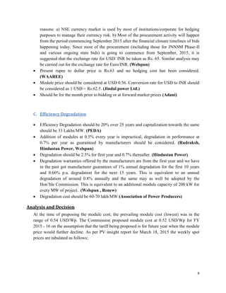 6
reasons: a) NSE currency market is used by most of institutions/corporate for hedging
purposes to manage their currency risk. b) Most of the procurement activity will happen
from the period commencing September 2015 after the financial closure timelines of bids
happening today. Since most of the procurement (including those for JNNSM Phase-II
and various ongoing state bids) is going to commence from September, 2015, it is
suggested that the exchange rate for USD/ INR be taken as Rs. 65. Similar analysis may
be carried out for the exchange rate for Euro/INR. (Welspun)
 Present rupee to dollar price is Rs.63 and no hedging cost has been considered.
(WAAREE)
 Module price should be considered at USD 0.56. Conversion rate for USD to INR should
be considered as 1 USD = Rs.62.5. (Jindal power Ltd.)
 Should be for the month prior to bidding or at forward market prices (Adani)
C. Efficiency Degradation
 Efficiency Degradation should be 20% over 25 years and capitalization towards the same
should be 33 Lakhs/MW. (PEDA)
 Addition of modules at 0.5% every year is impractical, degradation in performance at
0.7% per year as guaranteed by manufacturers should be considered. (Rudraksh,
Hindustan Power, Welspun)
 Degradation should be 2.5% for first year and 0.7% thereafter. (Hindustan Power)
 Degradation warranties offered by the manufacturers are from the first year and we have
in the past got manufacturer guarantees of 1% annual degradation for the first 10 years
and 0.66% p.a. degradation for the next 15 years. This is equivalent to an annual
degradation of around 0.8% annually and the same may as well be adopted by the
Hon’ble Commission. This is equivalent to an additional module capacity of 200 kW for
every MW of project. (Welspun , Renew)
 Degradation cost should be 60-70 lakh/MW (Association of Power Producers)
Analysis and Decision
At the time of proposing the module cost, the prevailing module cost (lowest) was in the
range of 0.54 USD/Wp. The Commission proposed module cost at 0.52 USD/Wp for FY
2015 - 16 on the assumption that the tariff being proposed is for future year when the module
price would further decline. As per PV insight report for March 18, 2015 the weekly spot
prices are tabulated as follows;
 