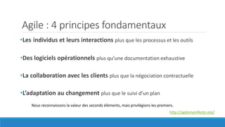 Agile : 4 principes fondamentaux
•Les individus et leurs interactions plus que les processus et les outils
•Des logiciels opérationnels plus qu’une documentation exhaustive
•La collaboration avec les clients plus que la négociation contractuelle
•L’adaptation au changement plus que le suivi d’un plan
http://agilemanifesto.org/
Nous reconnaissons la valeur des seconds éléments, mais privilégions les premiers.
 