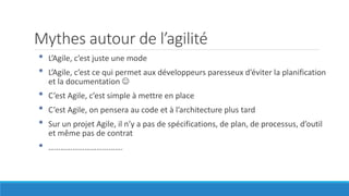 Mythes autour de l’agilité
• L’Agile, c’est juste une mode
• L’Agile, c’est ce qui permet aux développeurs paresseux d’éviter la planification
et la documentation 
• C’est Agile, c’est simple à mettre en place
• C’est Agile, on pensera au code et à l’architecture plus tard
• Sur un projet Agile, il n’y a pas de spécifications, de plan, de processus, d’outil
et même pas de contrat
• ……………………………….
 
