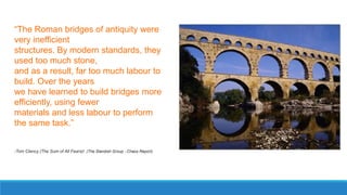 “The Roman bridges of antiquity were
very inefficient
structures. By modern standards, they
used too much stone,
and as a result, far too much labour to
build. Over the years
we have learned to build bridges more
efficiently, using fewer
materials and less labour to perform
the same task.”
-Tom Clancy (The Sum of All Fears)! (The Standish Group - Chaos Report)
 
