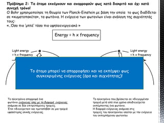 Πρόβλημα 2: Τα άτομα εκπέμπουν και απορροφούν φως κατά διακριτό και όχι κατά
συνεχή τρόπο!
Ο Bohr χρησιμοποίησε τη θεωρία των Planck-Einstein με βάση την οποία το φως διαδίδεται
σε «κυματοπακέτα», τα φωτόνια. Η ενέργεια των φωτονίων είναι ανάλογη της συχνότητάς
τους:
«..Όσο πιο ‘μπλέ’ τόσο πιο υψηλοενεργειακό »
Energy = h x frequency
Το ηλεκτρόνιο απορροφά ένα
φωτόνιο ενέργειας ίσης με τη διαφορά ενέργειας
ανάμεσα σε δύο επιτρεπόμενες τροχιές.
Έτσι «διεγείρεται» και «μεταπηδά» σε μια τροχιά
υψηλότερης ολικής ενέργειας.
Το ηλεκτρόνιο που βρίσκεται σε «διεγερμένη»
τροχιά μετά από λίγο χρόνο αποδιεγείρεται
εκπέμποντας ένα φωτόνιο.
Η διαφορά ενέργειας ανάμεσα στις
τροχιές του ηλεκτρονίου ισούται με την ενέργεια
του εκπεμπόμενου φωτονίου
Το άτομο μπορεί να απορροφήσει και να εκπέμψει φως
συγκεκριμένης ενέργειας (άρα και συχνότητας)!
 