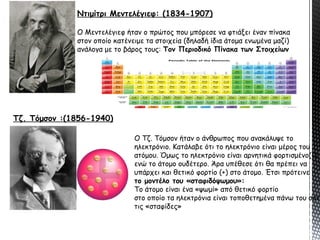 Ντιμίτρι Μεντελέγιεφ: (1834-1907)
Ο Μεντελέγιεφ ήταν ο πρώτος που μπόρεσε να φτιάξει έναν πίνακα
στον οποίο κατένειμε τα στοιχεία (δηλαδή ίδια άτομα ενωμένα μαζί)
ανάλογα με το βάρος τους: Τον Περιοδικό Πίνακα των Στοιχείων
Tζ. Τόμσον :(1856-1940)
Ο Τζ. Τόμσον ήταν ο άνθρωπος που ανακάλυψε το
ηλεκτρόνιο. Κατάλαβε ότι το ηλεκτρόνιο είναι μέρος του
ατόμου. Όμως το ηλεκτρόνιο είναι αρνητικά φορτισμένο(-)
ενώ το άτομο ουδέτερο. Άρα υπέθεσε ότι θα πρέπει να
υπάρχει και θετικό φορτίο (+) στο άτομο. Έτσι πρότεινε
το μοντέλο του «σταφιδόψωμου»:
Το άτομο είναι ένα «ψωμί» από θετικό φορτίο
στο οποίο τα ηλεκτρόνια είναι τοποθετημένα πάνω του σαν
τις «σταφίδες»
 