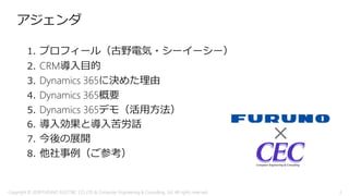 アジェンダ
1. プロフィール（古野電気・シーイーシー）
2. CRM導入目的
3. Dynamics 365に決めた理由
4. Dynamics 365概要
5. Dynamics 365デモ（活用方法）
6. 導入効果と導入苦労話
7. 今後の展開
8. 他社事例（ご参考）
Copyright © 2018 FURUNO ELECTRIC CO.,LTD. & Computer Engineering & Consulting, Ltd. All rights reserved
×
3
 