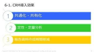 6-1. CRM導入効果
共通化・共有化
定性・定量分析
報告資料作成時間削減
1
2
3
Copyright © 2018 FURUNO ELECTRIC CO.,LTD. & Computer Engineering & Consulting, Ltd. All rights reserved 38
 