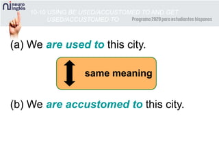 (a) We are used to this city.
(b) We are accustomed to this city.
10-10 USING BE USED/ACCUSTOMED TO AND GET
USED/ACCUSTOMED TO
same meaning
 