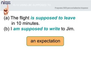 10-12 USING BE SUPPOSED TO
(a) The flight is supposed to leave
in 10 minutes.
(b) I am supposed to write to Jim.
an expectation
 