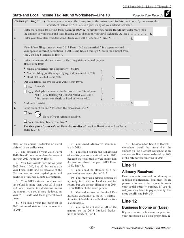 Worksheets State And Local Income Tax Refund Worksheet 1040 instructions