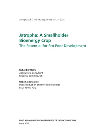 Integrated Crop Management Vol. 8–2010




Jatropha: A Smallholder
Bioenergy Crop
The Potential for Pro-Poor Development




Richard Brittaine
Agricultural Consultant
Reading, Berkshire, UK

NeBambi Lutaladio
Plant Production and Protection Division
FAO, Rome, Italy




FOOD AND AGRICULTURE ORGANIZATION OF THE UNITED NATIONS
Rome, 2010
 