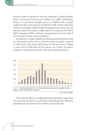 JATROPHA: A SMALLHOLDER BIOENERGY CROP




  Potential yields for jatropha in semi-arid conditions in Andhra Pradesh,
  India, are forecast at 1.0 tonne per ha (Wani et al., 2008). Furthermore,
  during a 17-year period, jatropha growers at Nashik, India, averaged
  yields of less than 1.25 tonnes per ha (Ghokale, 2008). On the other hand,
  with good soil, higher rainfall and optimal management practices, there are
  reported yields of 5.0 (Achten, 2008), and 6.0–7.0 tonnes per ha (FACT,
  2007). Jongschaap (2007) calculated a theoretical potential seed yield of
  7.8 tonnes per ha under optimal conditions.
      Jatropha shows a high variability in yield among individual trees, which
  is a characteristic of the trees in cultivation being essentially composed
  of wild varieties. The annual yield variation of 19 trees, shown in Figure
  7, range from 0 to 850 grams of dry seed per tree. Clearly, the greatest
  prospect for yield improvement lies with improving the germplasm.




  1000


   800


   600


   400


   200


     0
           1    2    3    4   5    6    7    8   9   10   11 12   13 14   15   16 17    18   19
  FIGURE 7: Jatropha seed yield for 19 individuals (grams per year) averaged over four
  years, on poor soil and with no inputs.
                                                                           Source: Henning (2008).



      The economic life of a jatropha plantation reportedly ranges from
  30 to 50 years, but there is no evidence to substantiate this. However,
  individual trees are known to live well in excess of 50 years.




40 Integrated Crop Management
 