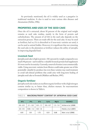 SEED HARVEST, PROCESSING AND USES OF JATROPHA




    As previously mentioned, the oil is widely used as a purgative in
traditional medicine. It also is used to treat various skin diseases and
rheumatism (Heller, 1996).


PROPERTIES AND USES OF THE SEED CAKE
Once the oil is extracted, about 50 percent of the original seed weight
remains as seed cake residue, mainly in the form of protein and
carbohydrates. The amount of oil left in the seed cake depends on the
extraction process. There are trade-offs for the seed cake. It may be used
as fertilizer, fuel or, if it is detoxiﬁed or if non-toxic varieties are used, it
can be used as animal fodder. However, it is signiﬁcant that not returning
the seed cake to the plantation as fertilizer reduces the utility of jatropha
in improving degraded land.

Livestock feed
Jatropha seed cake is high in protein – 58.1 percent by weight compared to soy
meal’s 48 percent – and would be a valuable livestock protein feed supplement
if it were not for its toxicity. Currently, removal of toxins is not commercially
viable. Using non-toxic varieties from Mexico could make greater use of this
potentially valuable by-product, but even these varieties may need treatment
to avoid sub-clinical problems that could arise with long-term feeding of
jatropha seed cake to livestock (Makkar and Becker, 1997).

Organic fertilizer
Jatropha seed cake makes an excellent organic fertilizer with a high nitrogen
content similar to, or better than, chicken manure. Its macronutrient
composition is shown in Table 6.


TABLE 6:    MACRONUTRIENT CONTENT OF JATROPHA SEED CAKE


    N%          P%         K%         Ca%         Mg%                 SOURCE

                                                               Achten et al. (2008)

                         0.8 - 1.4                             Patolia et al. (2007)

   4.91        0.9         1.75       0.31       0.68          Wani et al. (2006)




                                                                             Vol. 8–2010 51
 