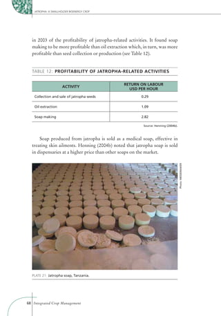 JATROPHA: A SMALLHOLDER BIOENERGY CROP




  in 2003 of the proﬁtability of jatropha-related activities. It found soap
  making to be more proﬁtable than oil extraction which, in turn, was more
  proﬁtable than seed collection or production (see Table 12).


  TABLE 12: PROFITABILITY OF JATROPHA-RELATED ACTIVITIES

                                                RETURN ON LABOUR
                       ACTIVITY
                                                  USD PER HOUR
    Collection and sale of jatropha seeds               0.29

    Oil extraction                                      1.09

    Soap making                                         2.82

                                                         Source: Henning (2004b).



      Soap produced from jatropha is sold as a medical soap, effective in
  treating skin ailments. Henning (2004b) noted that jatropha soap is sold
  in dispensaries at a higher price than other soaps on the market.




                                                                                    Photo: MESSEMAKER




  PLATE 21: Jatropha soap, Tanzania.




68 Integrated Crop Management
 
