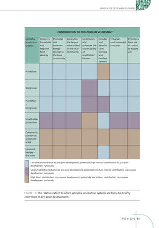 JATROPHA FOR PRO-POOR DEVELOPMENT




                                CONTRIBUTION TO PRO-POOR DEVELOPMENT

Jatropha      Improves     Promotes      Generates       Contributes      Includes    Enhances             Prioritizes
production    household    and           the largest     and              and         environmental        local use
systems       and          increases     value added     enhances the     beneﬁts     resources            vs. urban
              regional     energy        in the local    sustainability   farm                             or export
              food         services in   community       of               workers                          use
              security     the local                     smallholder      and
                           community                     farmers          landless
                                                                          farmers



Plantation




Outgrower




Plantation
+
Outgrower



Smallholder
production



Community
plantation
wasteland
areas


Livestock

dry areas


     Low direct contribution to pro-poor development; potentially high indirect contribution to pro-poor
     development nationally
     Medium direct contribution to pro-poor development; potentially medium indirect contribution to pro-poor
     development nationally
     High direct contribution to pro-poor development; potentially low indirect contribution to pro-poor
     development nationally




FIGURE 11: The relative extent to which jatropha production systems are likely to directly
contribute to pro-poor development.




                                                                                                 Vol. 8–2010 81
 