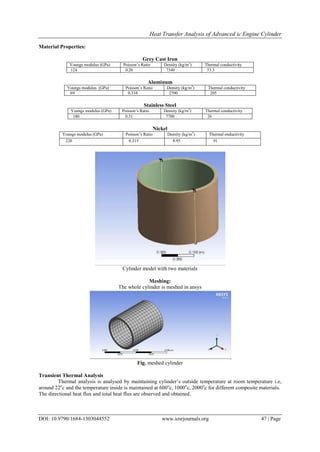 Heat Transfer Analysis of Advanced ic Engine Cylinder
DOI: 10.9790/1684-1303044552 www.iosrjournals.org 47 | Page
Material Properties:
Grey Cast Iron
Youngs modulus (GPa) Poisson’s Ratio Density (kg/m3
) Thermal conductivity
124 0.26 7340 53.3
Aluminum
Youngs modulus (GPa) Poisson’s Ratio Density (kg/m3
) Thermal conductivity
69 0.334 2700 205
Stainless Steel
Youngs modulus (GPa) Poisson’s Ratio Density (kg/m3
) Thermal conductivity
180 0.31 7700 26
Nickel
Youngs modulus (GPa) Poisson’s Ratio Density (kg/m3
) Thermal onductivity
220 0.315 8.95 91
Cylinder model with two materials
Meshing:
The whole cylinder is meshed in ansys
Fig. meshed cylinder
Transient Thermal Analysis
Thermal analysis is analysed by maintaining cylinder’s outside temperature at room temperature i.e,
around 22o
c and the temperature inside is maintained at 600o
c, 1000o
c, 2000o
c for different composite materials.
The directional heat flux and total heat flux are observed and obtained.
 