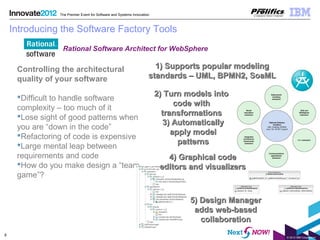 © 2012 IBM Corporation
8
The Premier Event for Software and Systems Innovation
Controlling the architectural
quality of your software
Difficult to handle software
complexity – too much of it
Lose sight of good patterns when
you are “down in the code”
Refactoring of code is expensive
Large mental leap between
requirements and code
How do you make design a “team
game”?
Introducing the Software Factory Tools
1) Supports popular modeling1) Supports popular modeling
standards – UML, BPMN2, SoaMLstandards – UML, BPMN2, SoaML
2) Turn models into2) Turn models into
code withcode with
transformationstransformations
3) Automatically3) Automatically
apply modelapply model
patternspatterns
4) Graphical code4) Graphical code
editors and visualizerseditors and visualizers
5) Design Manager5) Design Manager
adds web-basedadds web-based
collaborationcollaboration
Rational Software Architect for WebSphere
 