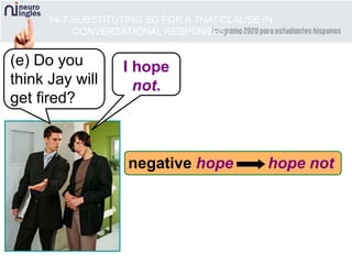 14-7 SUBSTITUTING SO FOR A THAT-CLAUSE IN
CONVERSATIONAL RESPONSES
(e) Do you
think Jay will
get fired?
I hope
not.
negative hope hope not
 