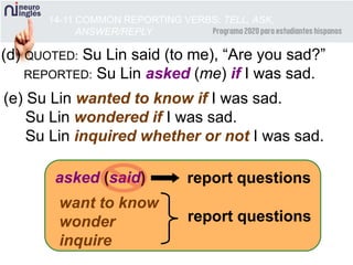 14-11 COMMON REPORTING VERBS: TELL, ASK,
ANSWER/REPLY
(d) QUOTED: Su Lin said (to me), “Are you sad?”
REPORTED: Su Lin asked (me) if I was sad.
asked (said) report questions
(e) Su Lin wanted to know if I was sad.
Su Lin wondered if I was sad.
Su Lin inquired whether or not I was sad.
want to know
wonder
inquire
report questions
 