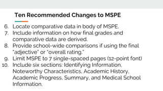 Ten Recommended Changes to MSPE
6. Locate comparative data in body of MSPE.
7. Include information on how final grades and
comparative data are derived.
8. Provide school-wide comparisons if using the final
“adjective” or “overall rating.”
9. Limit MSPE to 7 single-spaced pages (12-point font)
10. Include six sections: Identifying Information,
Noteworthy Characteristics, Academic History,
Academic Progress, Summary, and Medical School
Information.
 