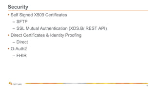 Security
• Self Signed X509 Certificates
– SFTP
– SSL Mutual Authentication (XDS.B/ REST API)
• Direct Certificates & Identity Proofing
– Direct
• O-Auth2
– FHIR
16
 
