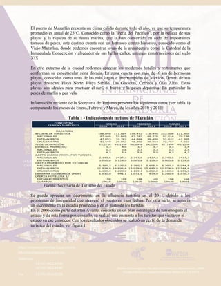 El puerto de Mazatlán presenta un clima cálido durante todo el año, ya que su temperatura
promedio es anual de 25°C. Conocido como la "Perla del Pacífico", por la belleza de sus
playas y la riqueza de su fauna marina, que la han convertido en sede de importantes
torneos de pesca, este destino cuenta con un hermoso centro histórico, conocido como el
Viejo Mazatlán, donde podemos encontrar joyas de la arquitectura como la Catedral de la
Inmaculada Concepción y alrededor de sus bellas calles, antiguas construcciones del siglo
XIX.
En otro extremo de la ciudad podemos apreciar los modernos hoteles y restaurantes que
conforman su espectacular zona dorada. La zona cuneta con más de 10 km de hermosas
playas, conocidas como unas de las más largas e interrumpidas de México. Dentro de sus
playas destacan: Playa Norte, Playa Sábalo, Las Gaviotas, Cerritos y Olas Altas. Estas
playas son ideales para practicar el surf, el buceo y la pesca deportiva. En particular la
pesca de marlín y pez vela.
Información reciente de la Secretaría de Turismo presenta los siguientes datos (ver tabla 1)
comparando los meses de Enero, Febrero y Marzo, de los años 2010 y 2011:
Tabla 1 - Indicadores de turismo de Mazatlán
Fuente: Secretaría de Turismo del Estado
Se puede apreciar un decremento en la afluencia turística en el 2011, debido a los
problemas de inseguridad que atravesó el puerto en esas fechas. Por otra parte, se aprecia
un incremento en la estadía promedio y en el gasto de los turistas.
En el 2006 como parte del Plan Avante, consistía en un plan estratégico de turismo para el
estado y de esta forma posicionarlo, se realizó una encuesta a los turistas que visitaron el
estado en ese entonces. Con los resultados obtenidos se realizó un perfil de la demanda
turística del estado, ver figura 1.
 
