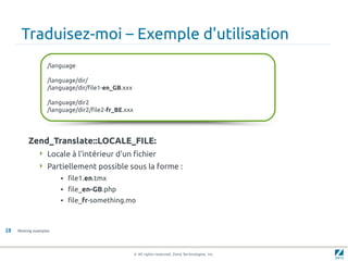 Traduisez-moi – Exemple d'utilisation
                   /language

                   /language/dir/
                   /language/dir/file1-en_GB.xxx

                   /language/dir2
                   /language/dir2/file2-fr_BE.xxx




          Zend_Translate::LOCALE_FILE:
                Locale à l'intérieur d'un fichier
                Partiellement possible sous la forme :
                        • file1.en.tmx
                        • file_en-GB.php
                        • file_fr-something.mo



28   Working examples




                                                    © All rights reserved. Zend Technologies, Inc.
 