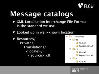 Message catalogs
 XML Localisation Interchange File Format
 is the standard we use
 Looked up in well-known location
 Resources/
   Private/
     Translations/
       <locale>/
        <source>.xlf


                                Inspiring people to
                                share
 