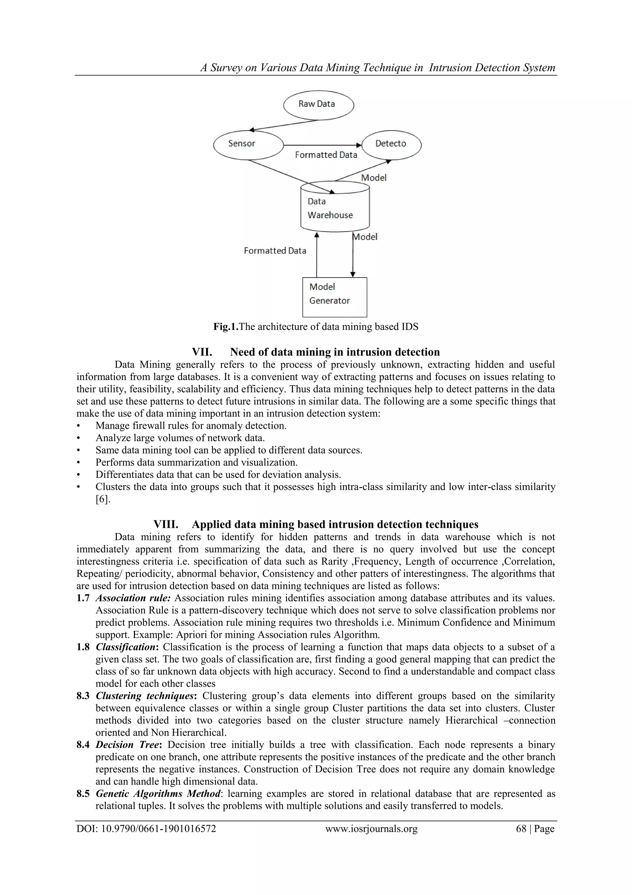 A Survey on Various Data Mining Technique in Intrusion Detection System
DOI: 10.9790/0661-1901016572 www.iosrjournals.org 68 | Page
Fig.1.The architecture of data mining based IDS
VII. Need of data mining in intrusion detection
Data Mining generally refers to the process of previously unknown, extracting hidden and useful
information from large databases. It is a convenient way of extracting patterns and focuses on issues relating to
their utility, feasibility, scalability and efficiency. Thus data mining techniques help to detect patterns in the data
set and use these patterns to detect future intrusions in similar data. The following are a some specific things that
make the use of data mining important in an intrusion detection system:
• Manage firewall rules for anomaly detection.
• Analyze large volumes of network data.
• Same data mining tool can be applied to different data sources.
• Performs data summarization and visualization.
• Differentiates data that can be used for deviation analysis.
• Clusters the data into groups such that it possesses high intra-class similarity and low inter-class similarity
[6].
VIII. Applied data mining based intrusion detection techniques
Data mining refers to identify for hidden patterns and trends in data warehouse which is not
immediately apparent from summarizing the data, and there is no query involved but use the concept
interestingness criteria i.e. specification of data such as Rarity ,Frequency, Length of occurrence ,Correlation,
Repeating/ periodicity, abnormal behavior, Consistency and other patters of interestingness. The algorithms that
are used for intrusion detection based on data mining techniques are listed as follows:
1.7 Association rule: Association rules mining identifies association among database attributes and its values.
Association Rule is a pattern-discovery technique which does not serve to solve classification problems nor
predict problems. Association rule mining requires two thresholds i.e. Minimum Confidence and Minimum
support. Example: Apriori for mining Association rules Algorithm.
1.8 Classification: Classification is the process of learning a function that maps data objects to a subset of a
given class set. The two goals of classification are, first finding a good general mapping that can predict the
class of so far unknown data objects with high accuracy. Second to find a understandable and compact class
model for each other classes
8.3 Clustering techniques: Clustering group’s data elements into different groups based on the similarity
between equivalence classes or within a single group Cluster partitions the data set into clusters. Cluster
methods divided into two categories based on the cluster structure namely Hierarchical –connection
oriented and Non Hierarchical.
8.4 Decision Tree: Decision tree initially builds a tree with classification. Each node represents a binary
predicate on one branch, one attribute represents the positive instances of the predicate and the other branch
represents the negative instances. Construction of Decision Tree does not require any domain knowledge
and can handle high dimensional data.
8.5 Genetic Algorithms Method: learning examples are stored in relational database that are represented as
relational tuples. It solves the problems with multiple solutions and easily transferred to models.
 