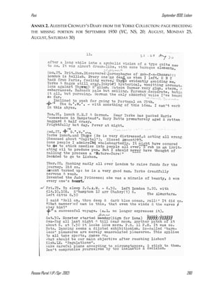 Pasi September 1930, Lisbon
Pessoa Plural: 1 (P./Spr. 2012) 280
ANNEX 2. ALEISTER CROWLEY’S DIARY FROM THE YORKE COLLECTION: PAGE PRECEDING
THE MISSING PORTION FOR SEPTEMBER 1930 (YC, NS, 20; AUGUST, MONDAY 25,
AUGUST, SATURDAY 30)
 