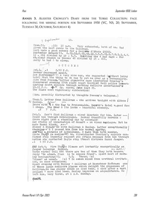 Pasi September 1930, Lisbon
Pessoa Plural: 1 (P./Spr. 2012) 281
ANNEX 3. ALEISTER CROWLEY’S DIARY FROM THE YORKE COLLECTION: PAGE
FOLLOWING THE MISSING PORTION FOR SEPTEMBER 1930 (YC, NS, 20; SEPTEMBER,
TUESDAY 30, OCTOBER, SATURDAY 4)
 