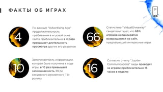 Ф А К Т Ы О Б И Г РА Х
По данным "Advertising Age"
продолжительность
пребывания в игровой зоне
сайта приблизительно в 4 раза
превышает длительность
просмотра других его разделов
Статистика "VirtualGiveaway"
свидетельствует, что 66%
игроков неоднократно
возвращаются на сайт,
предлагающий интересные игры
Запоминаемость информации,
которая была получена в ходе
игры, в 10 раз превышает
запоминаемость 30-ти
секундного рекламного ТВ-
ролика
Согласно отчету "Jupiter
Communications" люди проводят
за играми приблизительно 16
часов в неделю
4 66
10 16
 