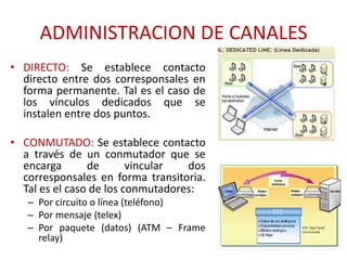 ADMINISTRACION DE CANALES
• DIRECTO: Se establece contacto
  directo entre dos corresponsales en
  forma permanente. Tal es el caso de
  los vínculos dedicados que se
  instalen entre dos puntos.

• CONMUTADO: Se establece contacto
  a través de un conmutador que se
  encarga       de       vincular  dos
  corresponsales en forma transitoria.
  Tal es el caso de los conmutadores:
   – Por circuito o línea (teléfono)
   – Por mensaje (telex)
   – Por paquete (datos) (ATM – Frame
     relay)
 
