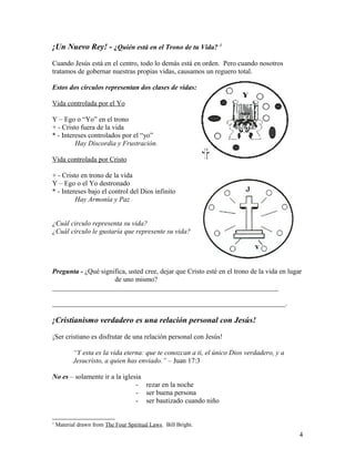 ¡Un Nuevo Rey! - ¿Quién está en el Trono de tu Vida? 1
Cuando Jesús está en el centro, todo lo demás está en orden. Pero cuando nosotros
tratamos de gobernar nuestras propias vidas, causamos un reguero total.
Estos dos círculos representan dos clases de vidas:
Vida controlada por el Yo
Y – Ego o “Yo” en el trono
+ - Cristo fuera de la vida
* - Intereses controlados por el “yo”
Hay Discordia y Frustración.
Vida controlada por Cristo
+ - Cristo en trono de la vida
Y – Ego o el Yo destronado
* - Intereses bajo el control del Dios infinito
Hay Armonía y Paz
¿Cuál circulo representa su vida?
¿Cuál circulo le gustaría que represente su vida?
Pregunta - ¿Qué significa, usted cree, dejar que Cristo esté en el trono de la vida en lugar
de uno mismo?
_________________________________________________________________
___________________________________________________________________.
¡Cristianismo verdadero es una relación personal con Jesús!
¡Ser cristiano es disfrutar de una relación personal con Jesús!
“Y esta es la vida eterna: que te conozcan a ti, el único Dios verdadero, y a
Jesucristo, a quien has enviado.” – Juan 17:3
No es – solamente ir a la iglesia
- rezar en la noche
- ser buena persona
- ser bautizado cuando niño
1
Material drawn from The Four Spiritual Laws. Bill Bright.
4
 