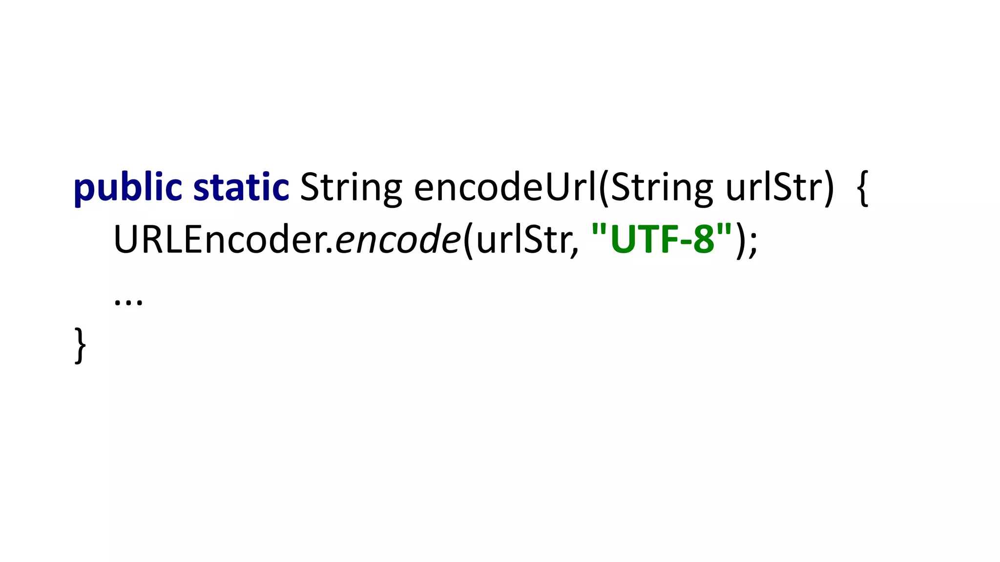 public static String encodeUrl(String urlStr) {
URLEncoder.encode(urlStr, "UTF-8");
...
}
 