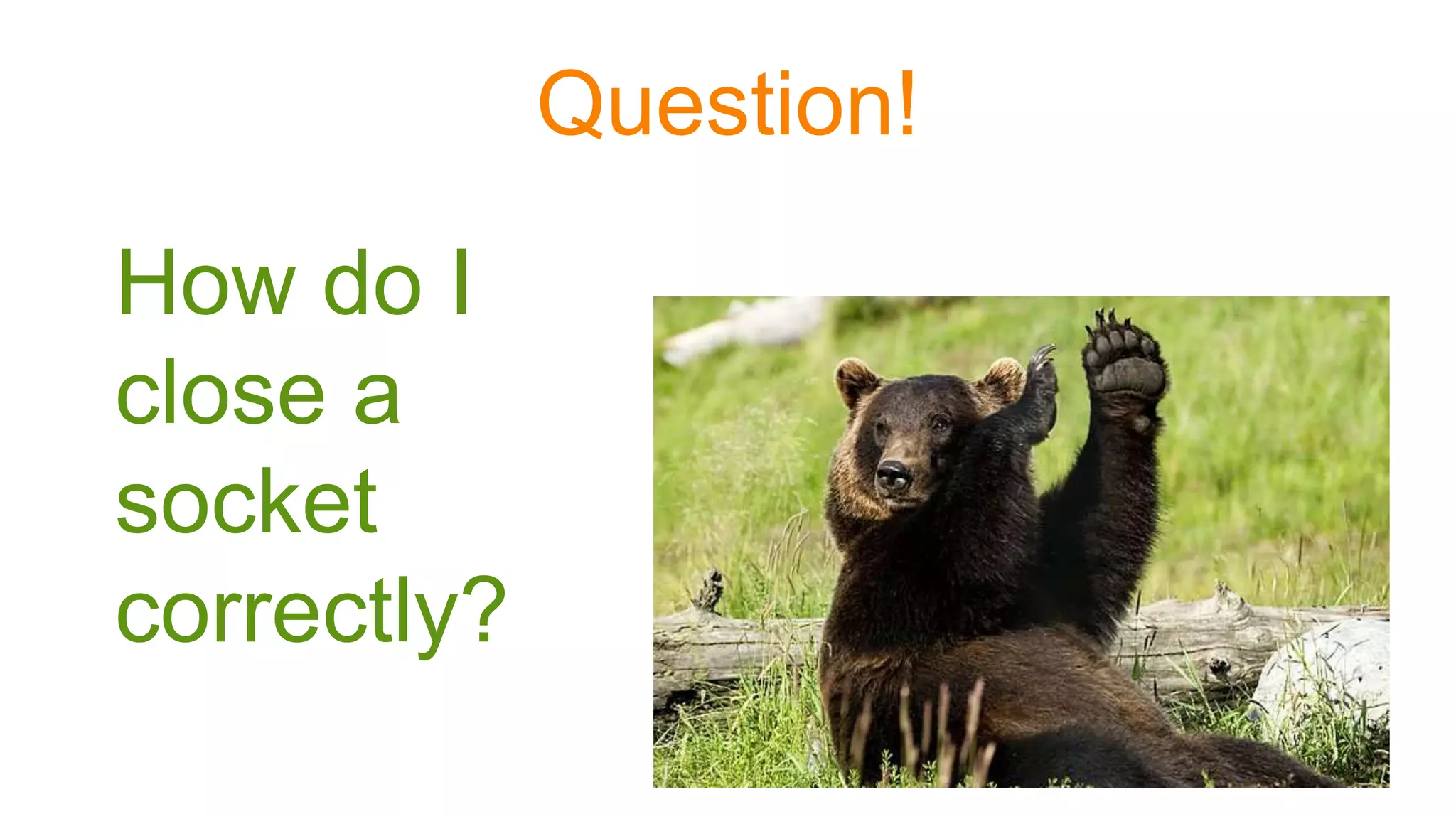 Question!
How do I
close a
socket
correctly?
 