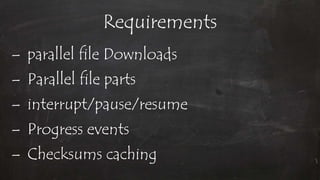 Requirements
– parallel file Downloads
– Parallel file parts
– interrupt/pause/resume
– Progress events
– Checksums caching
 