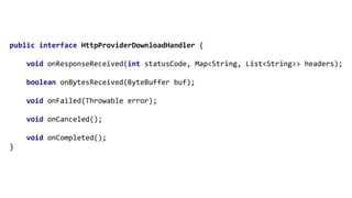 public interface HttpProviderDownloadHandler {
void onResponseReceived(int statusCode, Map<String, List<String>> headers);
boolean onBytesReceived(ByteBuffer buf);
void onFailed(Throwable error);
void onCanceled();
void onCompleted();
}
 