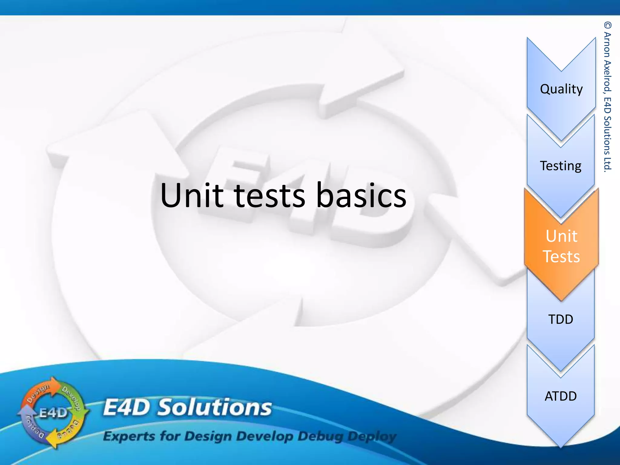 ©ArnonAxelrod,E4DSolutionsLtd.
Quality
Testing
Unit Tests
TDD
ATDD
©ArnonAxelrod,E4DSolutionsLtd.
Unit tests basics
Unit
Tests
 