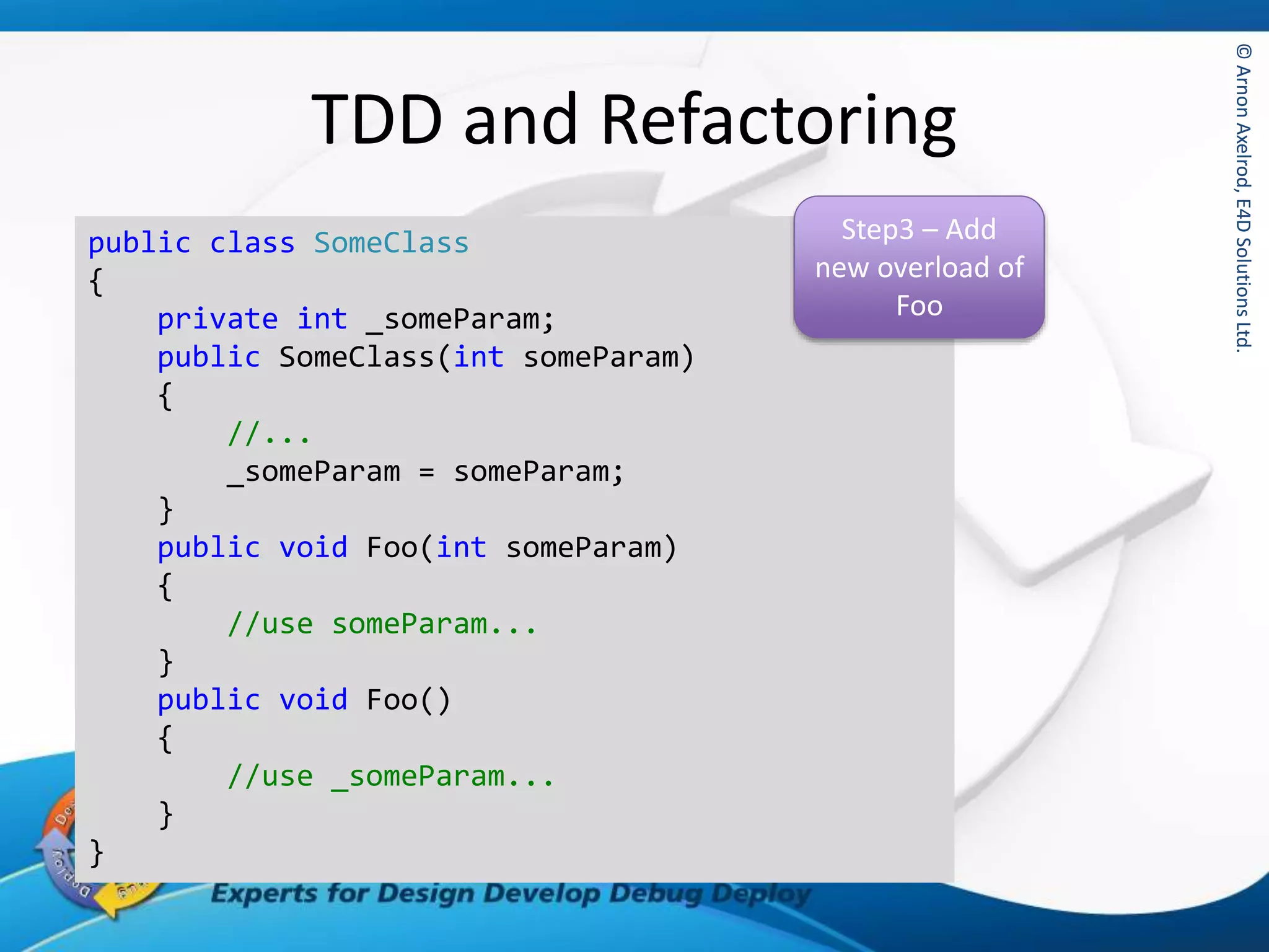 ©ArnonAxelrod,E4DSolutionsLtd.©ArnonAxelrod,E4DSolutionsLtd.
TDD and Refactoring
public class SomeClass
{
private int _someParam;
public SomeClass(int someParam)
{
//...
_someParam = someParam;
}
public void Foo(int someParam)
{
//use someParam...
}
public void Foo()
{
//use _someParam...
}
}
Step3 – Add
new overload of
Foo
 