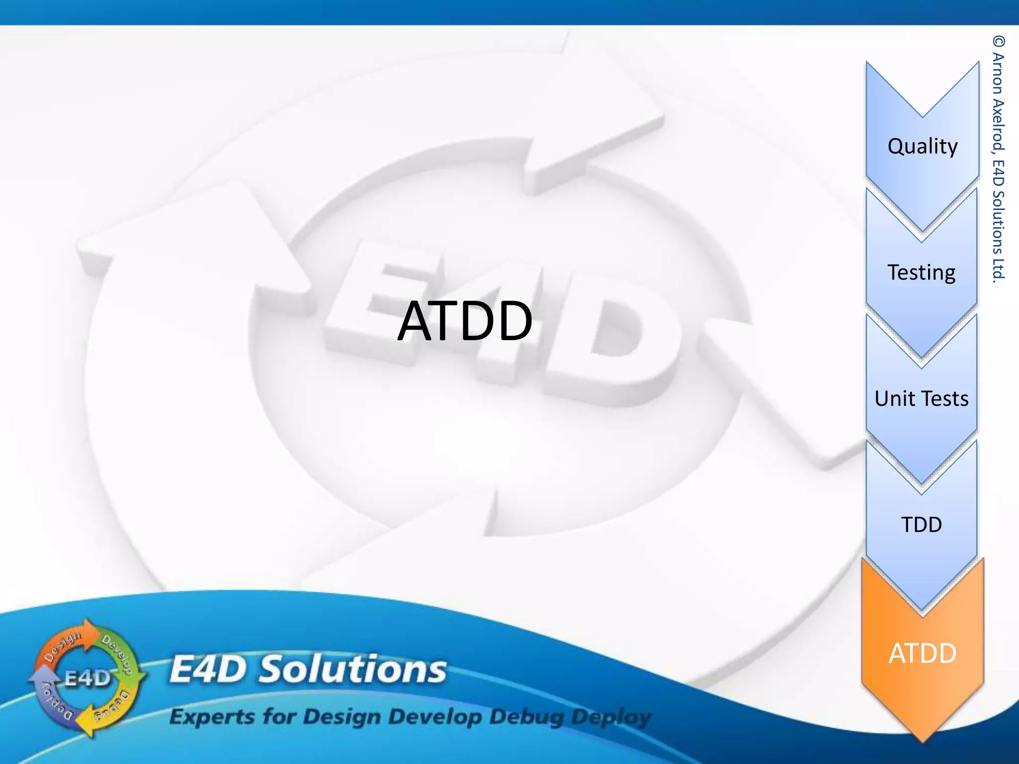 ©ArnonAxelrod,E4DSolutionsLtd.
Quality
Testing
Unit Tests
TDD
ATDD
©ArnonAxelrod,E4DSolutionsLtd.
ATDD
ATDD
 