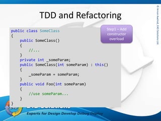 ©ArnonAxelrod,E4DSolutionsLtd.©ArnonAxelrod,E4DSolutionsLtd.
TDD and Refactoring
public class SomeClass
{
public SomeClass()
{
//...
}
private int _someParam;
public SomeClass(int someParam) : this()
{
_someParam = someParam;
}
public void Foo(int someParam)
{
//use someParam...
}
}
Step1 – Add
constructor
overload
 