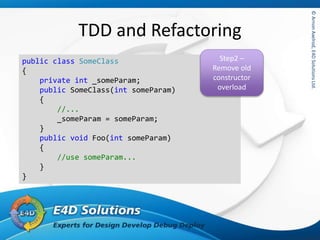 ©ArnonAxelrod,E4DSolutionsLtd.©ArnonAxelrod,E4DSolutionsLtd.
TDD and Refactoring
public class SomeClass
{
private int _someParam;
public SomeClass(int someParam)
{
//...
_someParam = someParam;
}
public void Foo(int someParam)
{
//use someParam...
}
}
Step2 –
Remove old
constructor
overload
 
